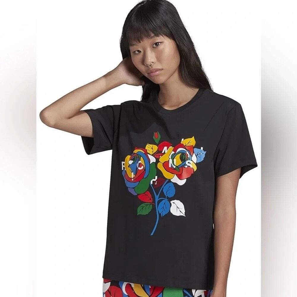 Adidas Rich Mnisi Black Colorful Floral Art Short Sleeve T-shirt Women's Large